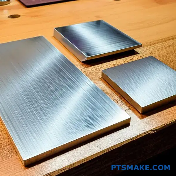 Various metal specimens displaying brushed surface textures and directional grain patterns on workshop table