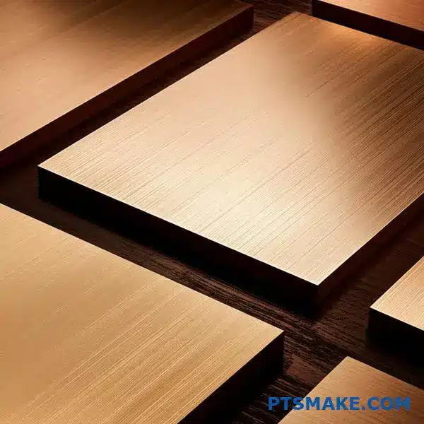 Various bronze metal samples displaying brushed surface treatments and different finish quality grades on wooden surface