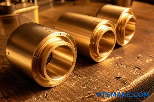 Precision machined cylindrical components featuring brushed bronze surface treatment displaying dimensional accuracy on workshop table