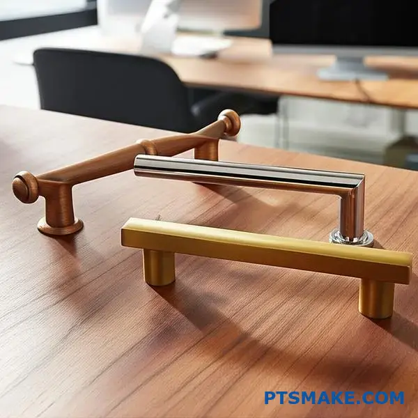 Various door handles displaying brushed bronze surface treatment alongside chrome, brass, and steel finishes on desk