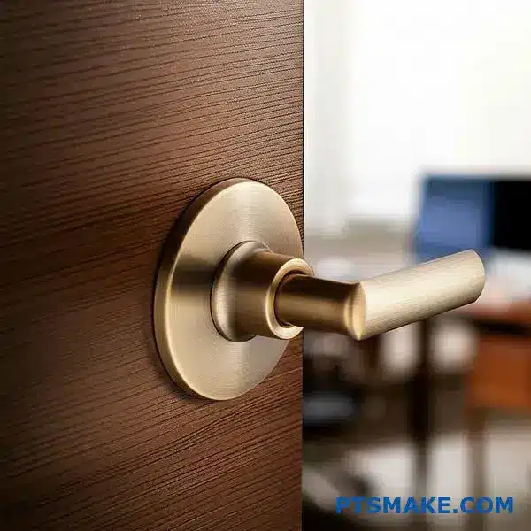 Close-up of brushed bronze door handle showing textured metallic surface finish and warm golden tones