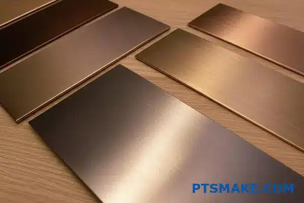 Multiple bronze finished metal sample pieces displaying brushed metallic surface textures for material selection and quality verification