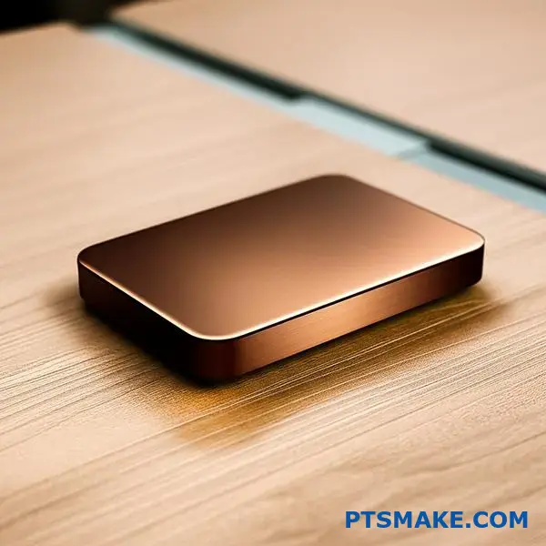 Close-up of premium electronic device with elegant brushed bronze metallic surface finish on wooden table
