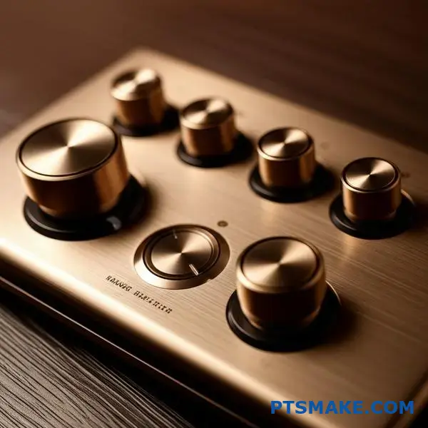 Bronze finished control knobs with brushed metallic surface texture on wooden desk displaying premium tactile components