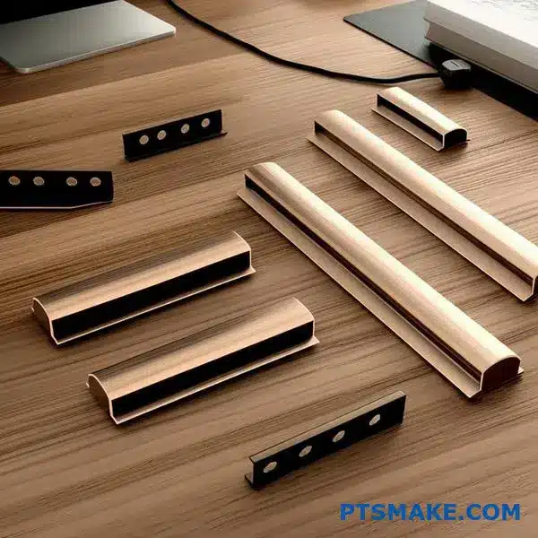 Various brushed bronze finish metal parts displaying the lustrous bronze surface treatment on wooden desk surface