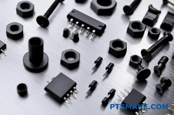 Precision manufactured parts with dark nickel coating finish displaying corrosion resistant properties and decorative black appearance