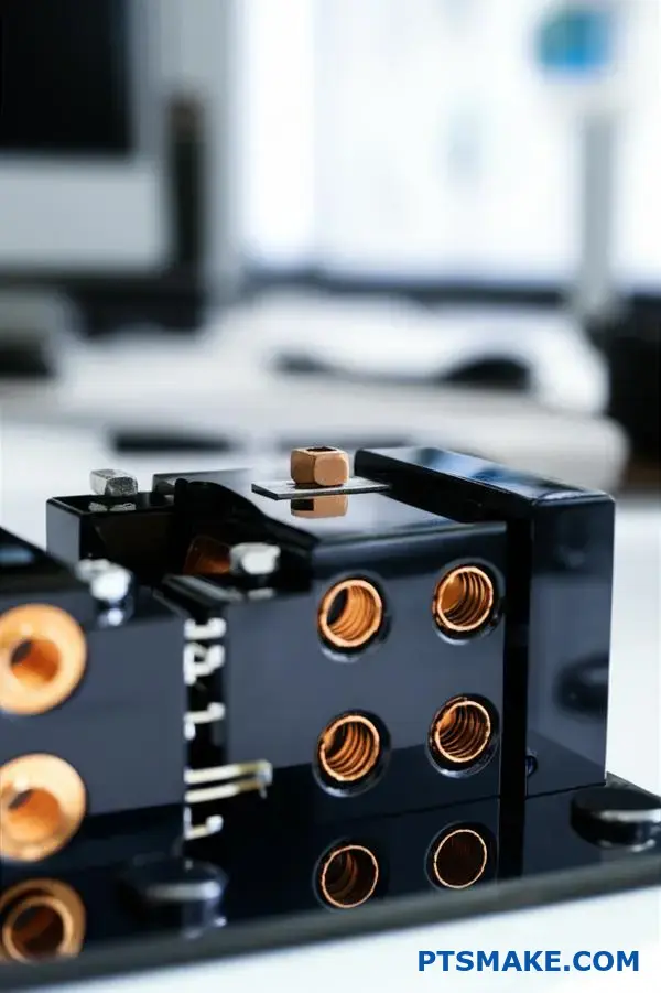 Precision electronic parts featuring deep black nickel coating with lustrous finish on professional workspace