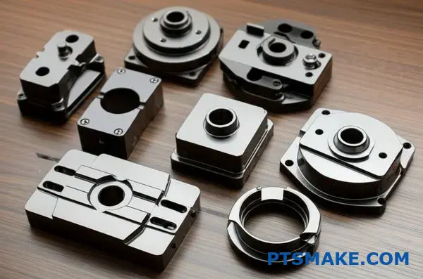 Multiple black nickel finished CNC machined parts showcasing dark metallic coating on precision components