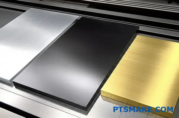 Three different metal substrates aluminum steel brass prepared for dark metallic coating electroplating process on industrial work surface