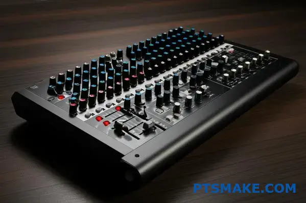 Professional audio mixing console featuring premium black nickel plated control knobs and sleek dark metal finish