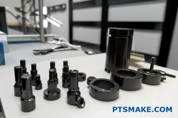 Black nickel coated mechanical parts displayed for corrosion resistance testing in laboratory setting