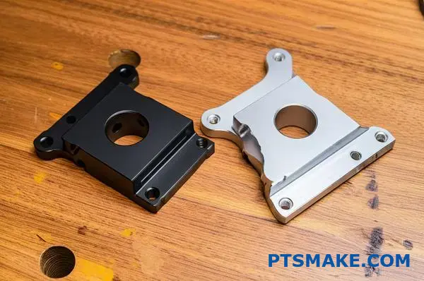 Two aluminum brackets showing different nickel plating finishes - black nickel coating versus electroless nickel coating side by side comparison
