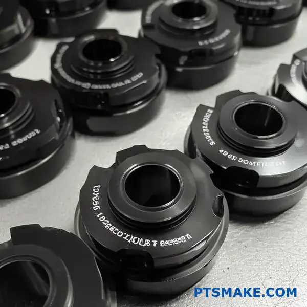 Industrial metal components featuring dark nickel coating with permanent laser etched identification marks for traceability and authenticity verification