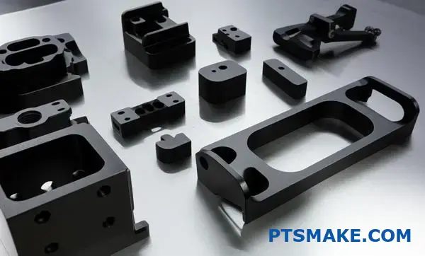 Black nickel finished robotic arm parts and aerospace components showcasing dark matte coating applications