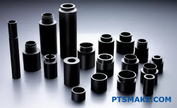 Various black nickel plated metal parts displaying different coating finishes and surface treatments for durability testing comparison