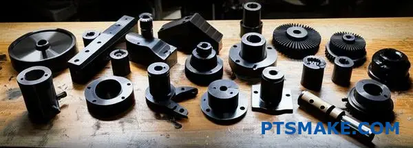 Dark nickel coated industrial metal parts displayed on workbench showcasing corrosion resistant surface treatment