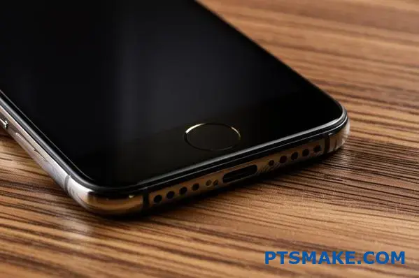 Premium smartphone featuring dark nickel-plated bezel finish on wooden surface showcasing modern tech hardware coating