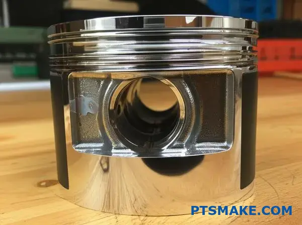 Polished chrome coated automotive piston displaying reflective metallic surface finish on workshop table