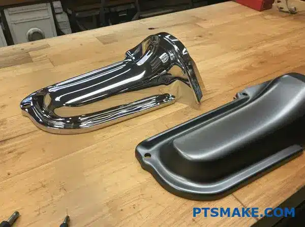 Comparison of hard chrome and decorative chrome plated automotive components showing different surface finishes and coating properties