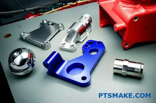 Automotive components showcasing chrome plated surfaces alongside anodized and powder coated alternatives for industrial applications