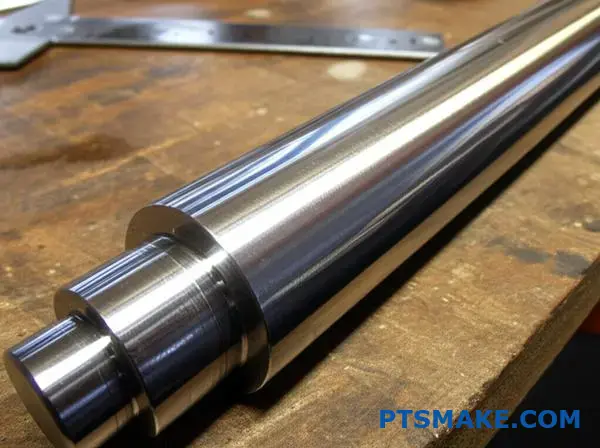 Highly polished chrome finished metal shaft displaying mirror-like reflective surface with precise dimensional tolerances