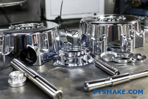 Precision chrome plated aluminum and stainless steel parts displaying reflective metallic coating finish on workshop surface