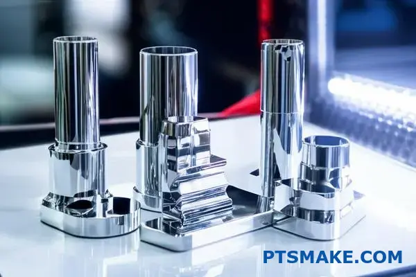 Reflective chrome finished metal parts displaying mirror-like surface treatment for industrial applications