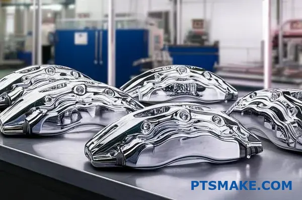 Shiny chrome finished automotive brake calipers displaying reflective metallic surface coating on industrial workbench