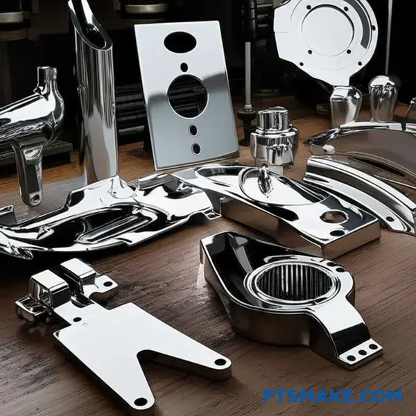 Various chrome plated metal parts displaying bright reflective surfaces and protective coating finishes