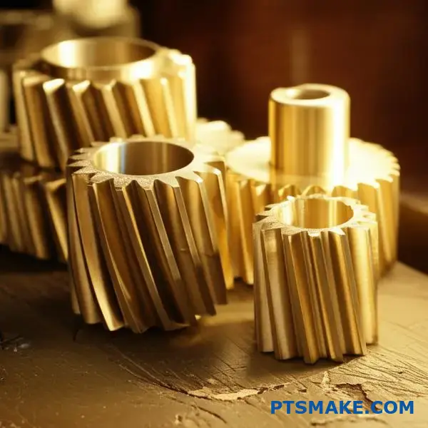 Golden brass gear parts showcasing natural metallic finish and precision manufacturing details