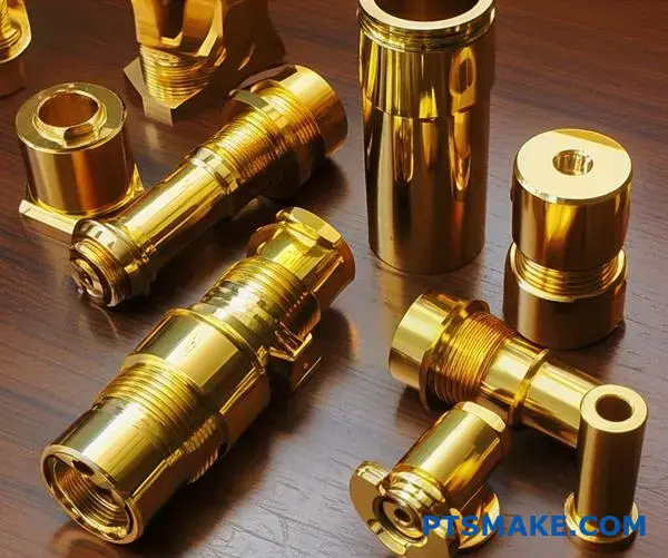 Multiple brass connectors with consistent polished finish demonstrating quality control from prototype to production manufacturing