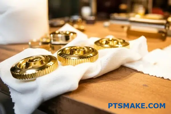 Gleaming brass components carefully wrapped in microfiber cloth for scratch-free shipping and polished metal surface protection