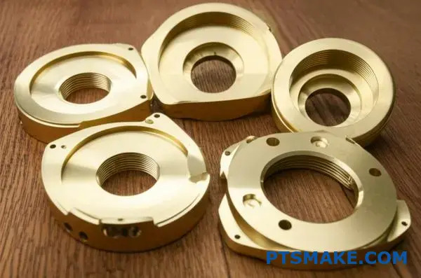 Polished brass mechanical parts displaying smooth curved surfaces and rounded edges for optimal finishing quality