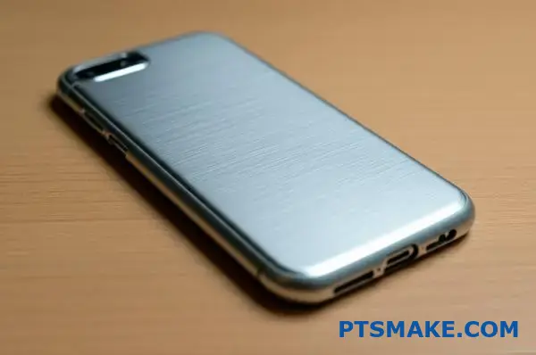 Premium brushed metal smartphone case displaying sophisticated linear texture and reflective surface finish on wooden desk