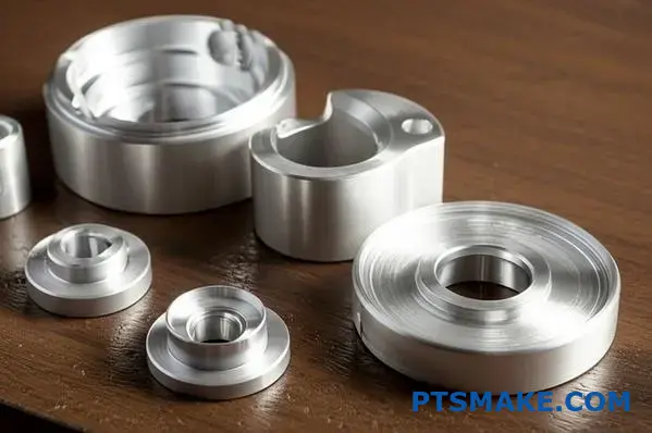 Various precision machined brushed aluminum components displaying different tolerance levels and surface finishes on workshop table