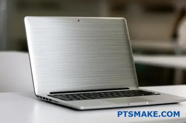 High-end laptop with brushed metal finish showcasing premium aluminum surface treatment and modern design aesthetics