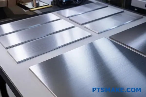 Various brushed metal rectangular plates displaying different surface treatments and textures on laboratory workbench