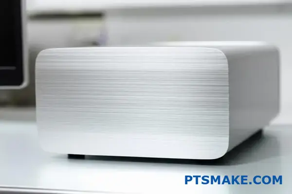 Silver brushed aluminum medical device housing with metallic surface texture on laboratory table