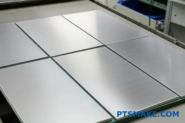 Several brushed aluminum panels displaying consistent matte metallic finish and uniform surface texture for mass production quality control