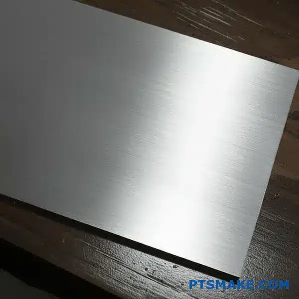 Brushed aluminum plate showing uniform parallel grain pattern and consistent metal surface treatment on workbench