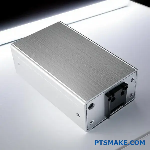 Silver brushed metal electronic housing case displaying linear surface texture and metallic finish