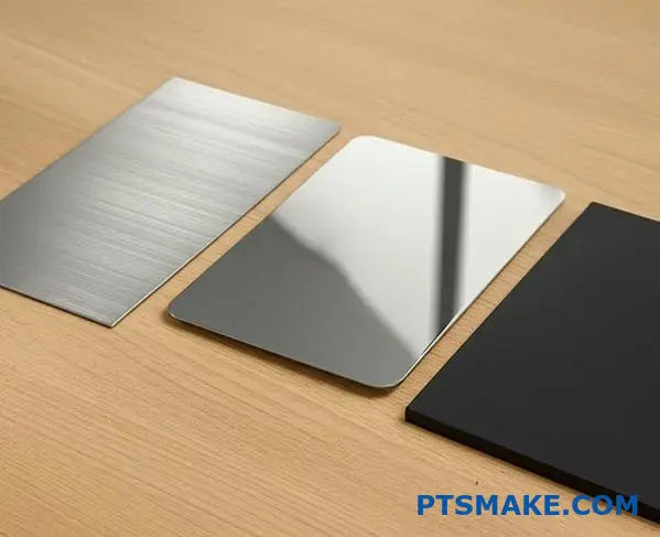 Three material samples including brushed aluminum plate, stainless steel sheet, and black plastic piece displayed for comparison