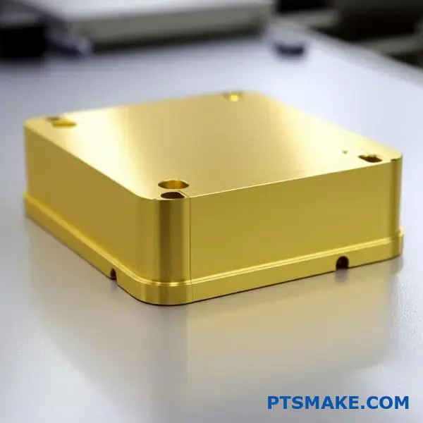 Precision aluminum component featuring brushed golden surface treatment with linear texture patterns on industrial workbench