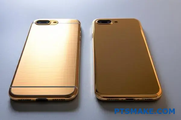 Two metal phone cases displaying different gold surface finishes side by side on desk