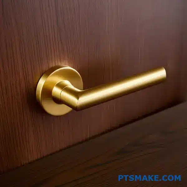 Elegant door handle with premium brushed gold metallic finish displaying luxury quality and sophisticated golden texture