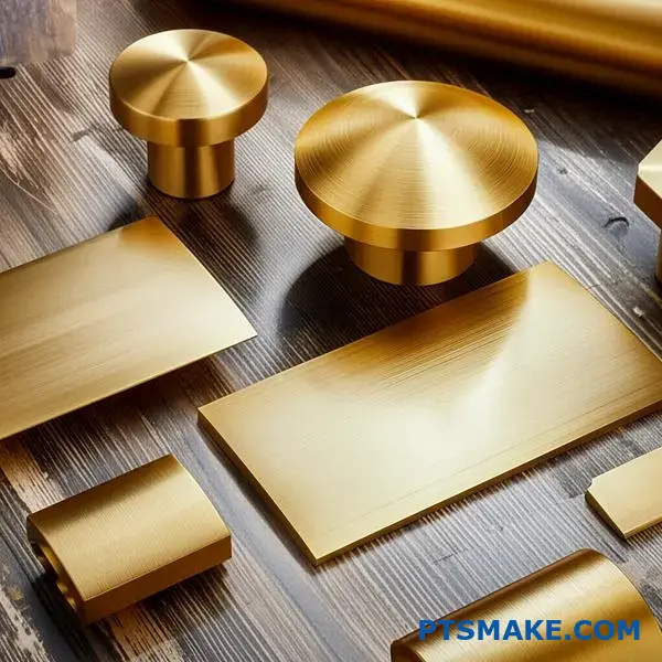 Various golden metal components displaying brushed gold surface treatment techniques on workshop table