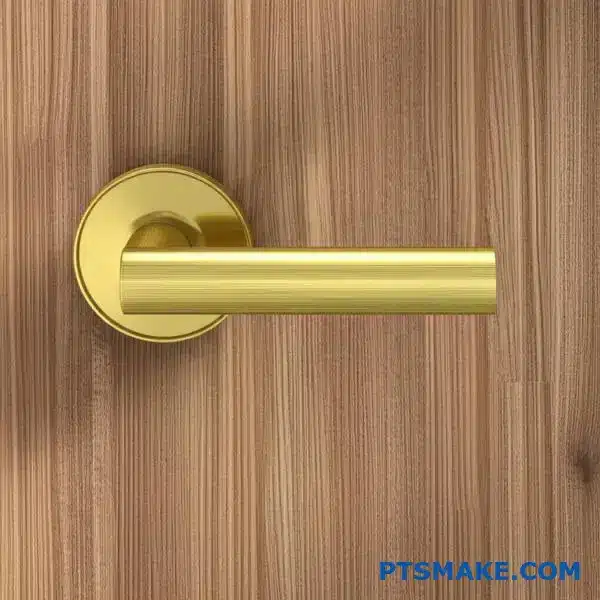 Close-up of brushed golden finish door handle showing lustrous metallic surface texture and premium craftsmanship quality