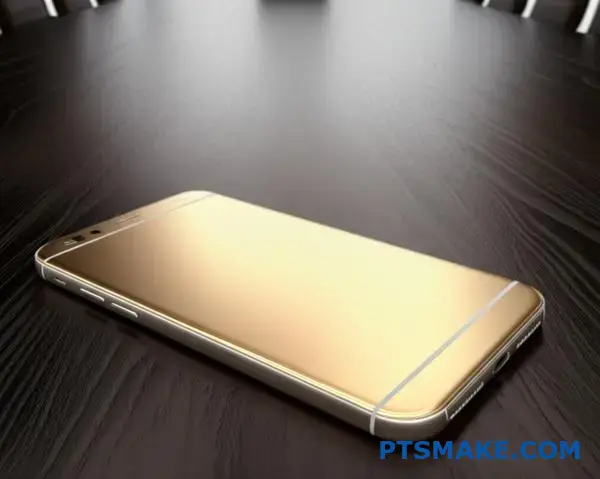 Premium electronic device featuring elegant brushed gold metallic finish on professional wooden surface