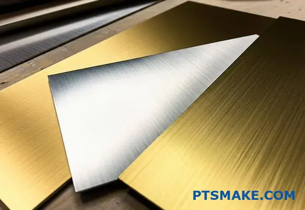 Various metal substrates displaying different brushed golden surface treatments and polished metallic textures on workspace