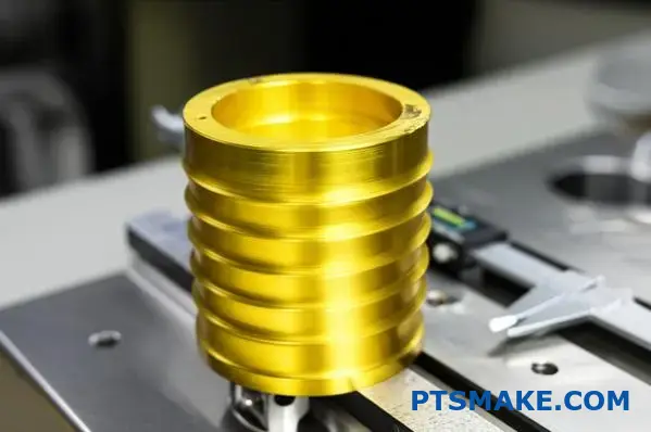 Cylindrical aluminum component featuring premium brushed golden surface treatment showing precise dimensional accuracy